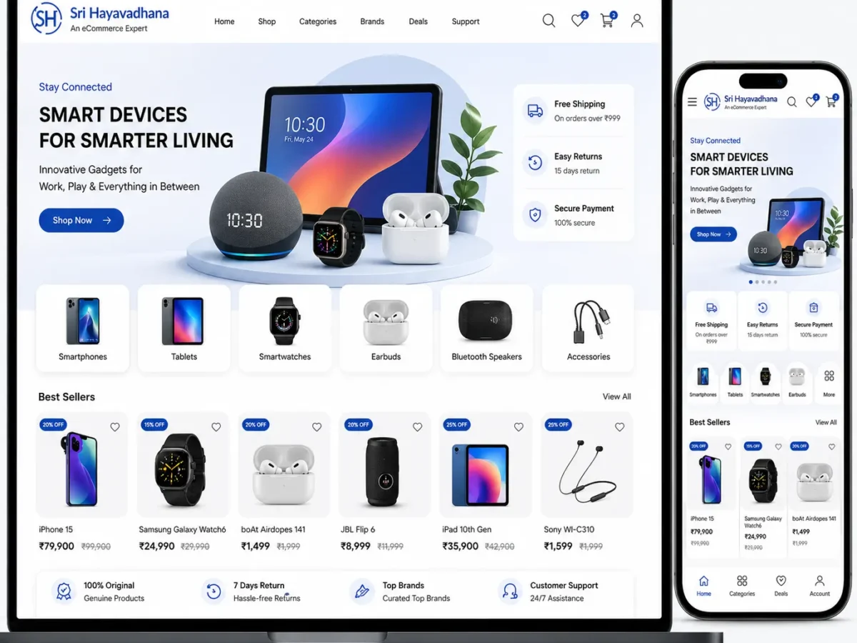 smart devices ecommerce website project by sri hayavadhana featuring iot and smart home products store