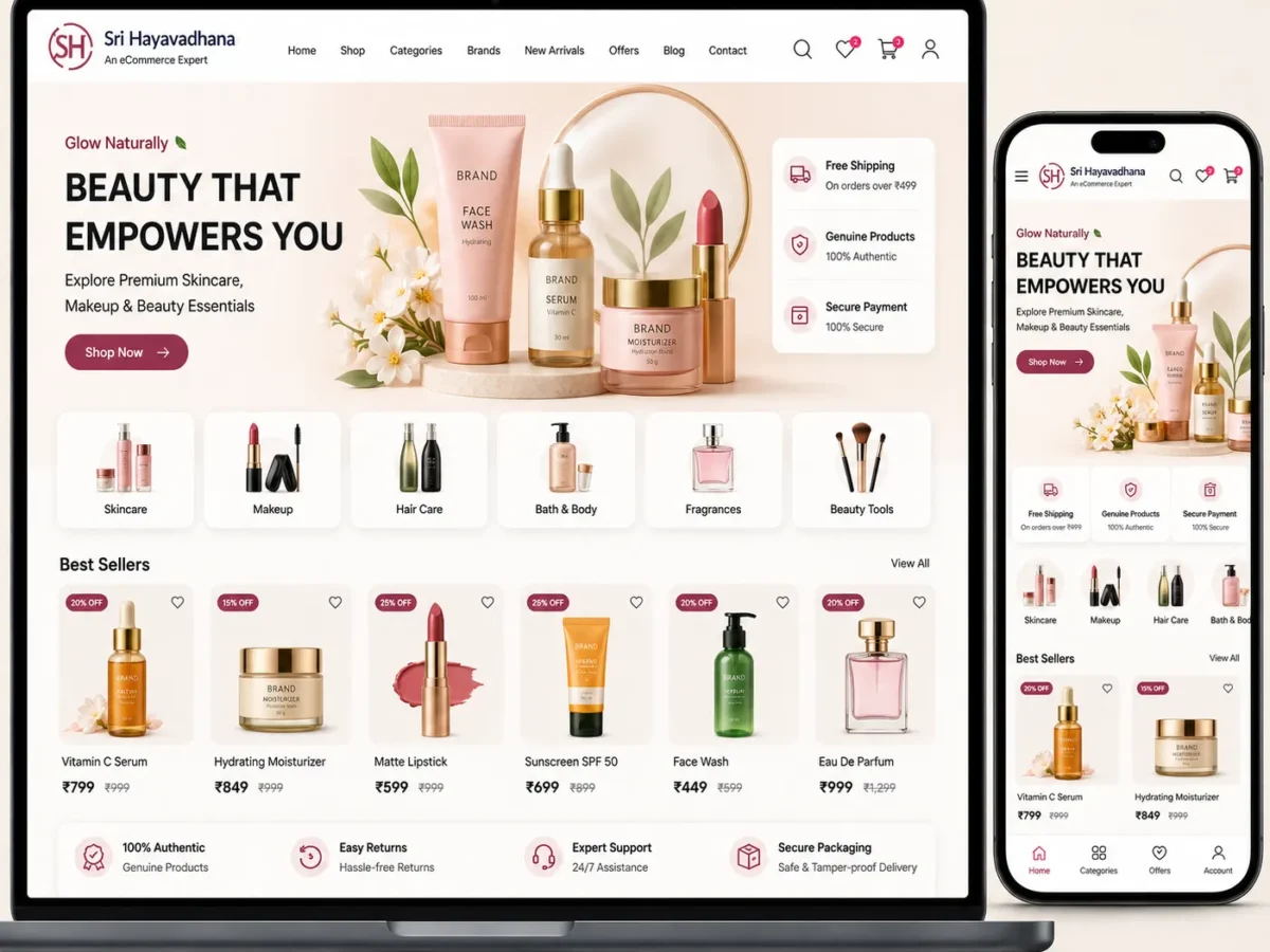 beauty ecommerce website project by sri hayavadhana featuring skincare and cosmetic store design